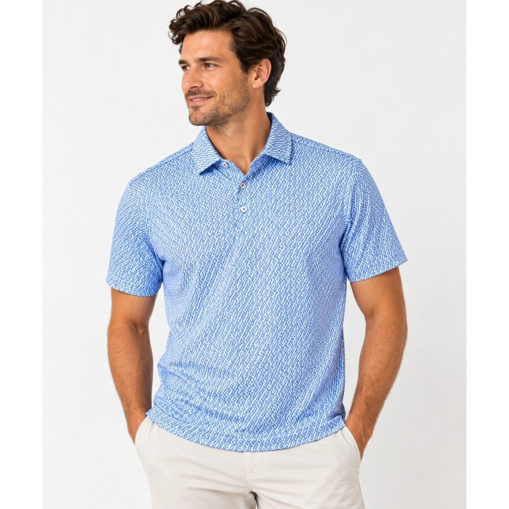 NWT USA Palm Silky Soft Polo Mens S Drift Blue Geometric Golf Performance Shirt